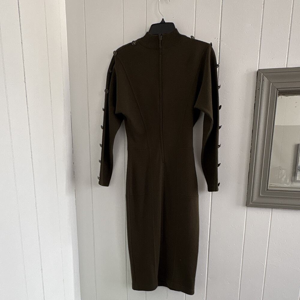 Vintage Green Ribbed Knit High Neck Bodycon Midi Dress Button Size S - Picture 7 of 7